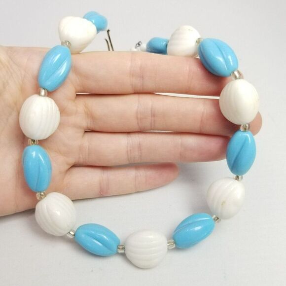Vintage Light Blue and White Beaded Necklace, Adjustable Length, Western Germany - Picture 1 of 7